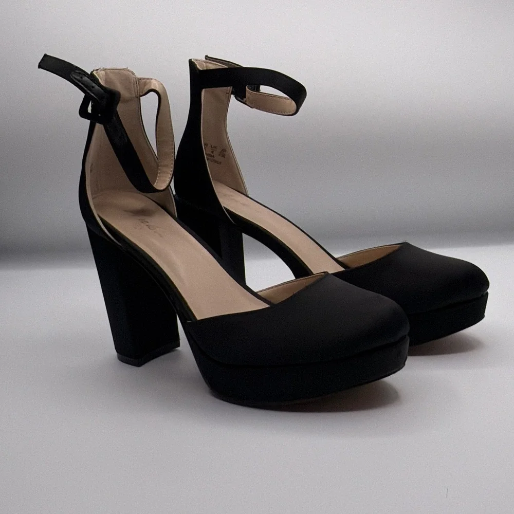 Aukis Womens Black Satin Platform Block Heel Ankle Strap Pumps Size 6 US 4 UK